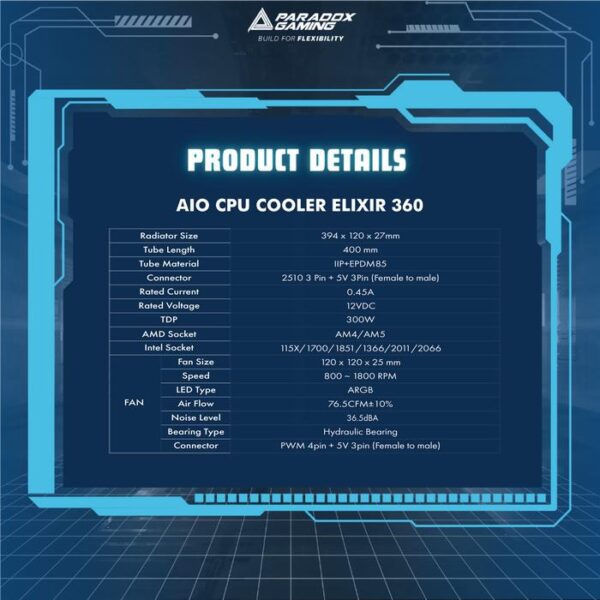 PARADOX GAMING CPU Liquid Cooler Elixir 360 LCD ARGB – Black