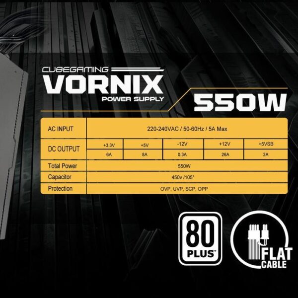 CUBE GAMING Power Supply Vornix 550W 80+ White Flat Cable