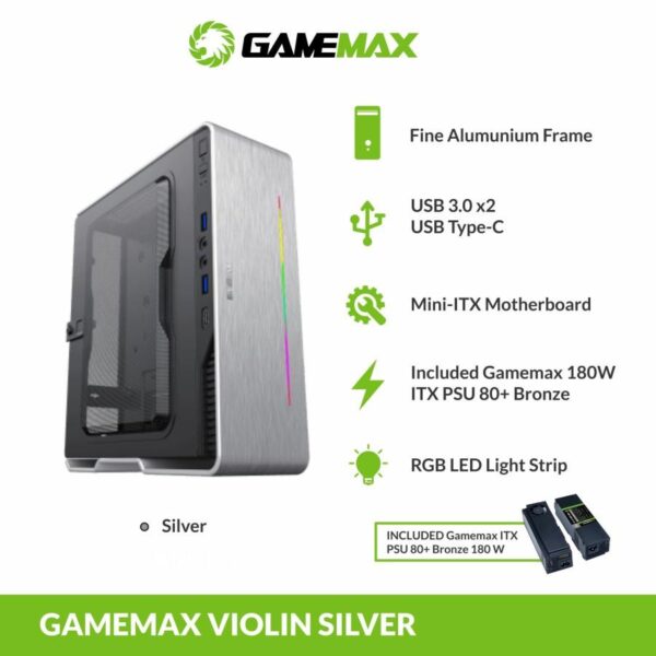 GAMEMAX Casing Violin Ultra Slim Mini ITX LED Rainbow - Silver